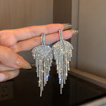 Long Tassel Silver Plated Leaf Drop Dangle Crystal Earrings for Women Dress Fashion Jewelry