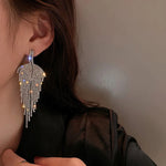 Long Tassel Silver Plated Leaf Drop Dangle Crystal Earrings for Women Dress Fashion Jewelry