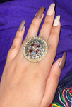Luxury Fashion Statement Kundan Pearl Flower Big Adjustable Traditional Finger Ring For Women