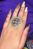 Luxury Fashion Statement Kundan Pearl Flower Big Adjustable Traditional Finger Ring For Women