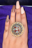 Luxury Fashion Statement Kundan Pearl Flower Big Adjustable Traditional Finger Ring For Women