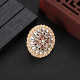 Luxury Fashion Statement Kundan Pearl Flower Big Adjustable Traditional Finger Ring For Women