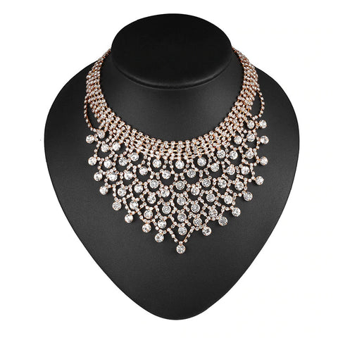 Sparkling Golden Crystal Wedding Bridesmaid Bridal Prom Dress Necklace & Earrings Big Elegant Jewelry Set