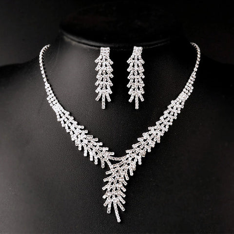 Glamorous Silver Plated Crystal Bridal Wedding Necklace and Earrings Prom Fashion Jewelry Set