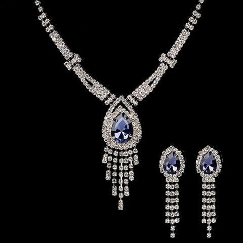 Elegant Silver Blue Shiny Crystal Chain Necklace Set Women Bridal Wedding Jewelry