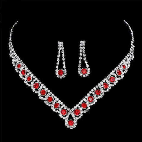 Glam Ruby Red Bridal Wedding Fashion Statement Choker Necklace Earrings Jewelry Set - EonShoppee
