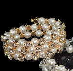 Multi-layer Pearl Gold Plated Rhinestone Crystal Open Cuff Bangle Bridal Fashion Jewelry Bracelet