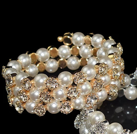 Multi-layer Pearl Gold Plated Rhinestone Crystal Open Cuff Bangle Bridal Fashion Jewelry Bracelet