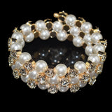 Multi-layer Pearl Gold Plated Rhinestone Crystal Open Cuff Bangle Bridal Fashion Jewelry Bracelet