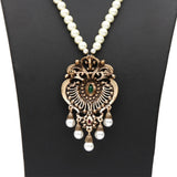 Traditional Antique Gold Pendant Green Stone Crystals Ethnic Long Necklace For Women