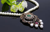 Traditional Antique Gold Pendant Green Stone Crystals Ethnic Long Necklace For Women