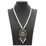 Traditional Antique Gold Pendant Green Stone Crystals Ethnic Long Necklace For Women