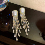 Shiny CZ Golden Crystal Big Pearl Long Tassel Luxury Drop Earrings Fashion Jewelry Accessory for Women