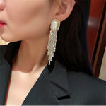 Shiny CZ Golden Crystal Big Pearl Long Tassel Luxury Drop Earrings Fashion Jewelry Accessory for Women