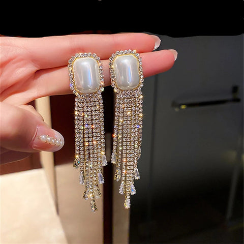 Shiny CZ Golden Crystal Big Pearl Long Tassel Luxury Drop Earrings Fashion Jewelry Accessory for Women