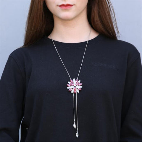 Trendy Pink Opal Crystal Snowflake Tassel Sweater Chain Fashion Jewelry Long Statement Necklace