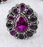 Silver Tone Purple Crystal Big Flower Finger Ring Female Luxury Wedding Ring Size 7