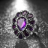 Silver Tone Purple Crystal Big Flower Finger Ring Female Luxury Wedding Ring Size 7