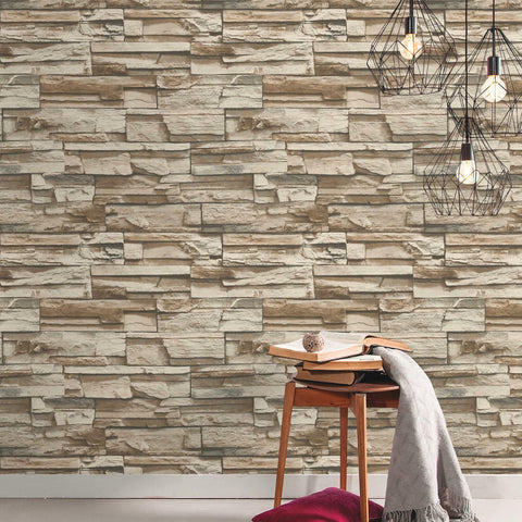 RoomMates Stacked Stone Grey/Brown Peel And Stick Wallpaper - EonShoppee