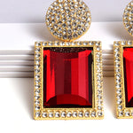 Glamorous Golden Red Geometric Square Luxury Drop Dangle Crystal Fashion Jewelry Statement Earrings