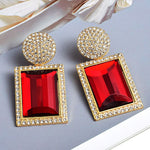 Glamorous Golden Red Geometric Square Luxury Drop Dangle Crystal Fashion Jewelry Statement Earrings