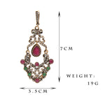 Ethnic Style Red Green Crystal Long Dangle Earrings with Bangle Bracelet Fashion Jewelry Set