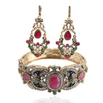 Ethnic Style Red Green Crystal Long Dangle Earrings with Bangle Bracelet Fashion Jewelry Set