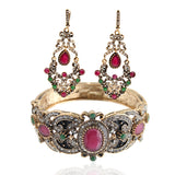 Ethnic Style Red Green Crystal Long Dangle Earrings with Bangle Bracelet Fashion Jewelry Set