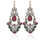 Ethnic Style Red Green Crystal Long Dangle Earrings with Bangle Bracelet Fashion Jewelry Set