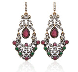 Ethnic Style Red Green Crystal Long Dangle Earrings with Bangle Bracelet Fashion Jewelry Set