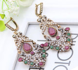 Ethnic Style Red Green Crystal Long Dangle Earrings with Bangle Bracelet Fashion Jewelry Set