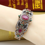 Ethnic Style Red Green Crystal Long Dangle Earrings with Bangle Bracelet Fashion Jewelry Set