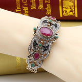 Ethnic Style Red Green Crystal Long Dangle Earrings with Bangle Bracelet Fashion Jewelry Set
