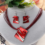 Stylish Red Multilayer Leather Chain Pendant Necklace and Earrings Geometric Trendy Fashion Jewelry Set