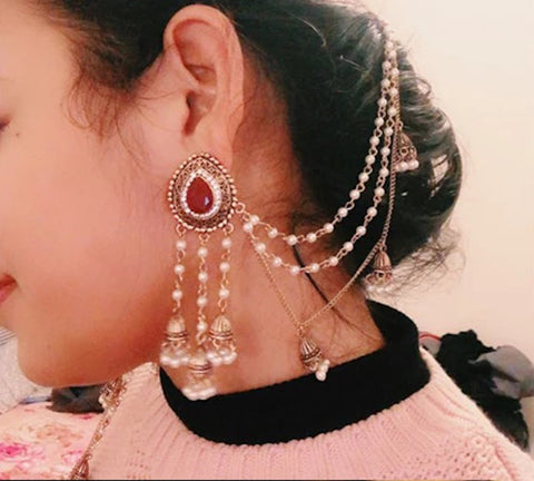 Antique Gold Red Crystal Pearl Tassel Long Sahara Bead Chain Traditional Jhumka Earrings