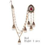 Antique Gold Red Crystal Pearl Tassel Long Sahara Bead Chain Traditional Jhumka Earrings