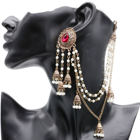 Antique Gold Red Crystal Pearl Tassel Long Sahara Bead Chain Traditional Jhumka Earrings