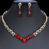 Elegant Gold Plated Red Crystal Necklace & Earrings Fashion Wedding Jewelry Set