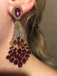 Luxurious Rose Red Gorgeous Pink Crystal Long Drop Dangle Fashion Jewelry Big Wedding Bridal Earrings