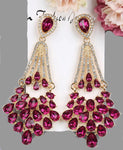 Luxurious Rose Red Gorgeous Pink Crystal Long Drop Dangle Fashion Jewelry Big Wedding Bridal Earrings
