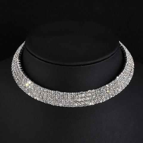Stunning Silver Dazzling Crystal Wedding Party Wear 5 Row Choker Statement Necklace