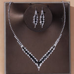 Luxury Elegant Black Crystal V Shape Choker Necklace Earrings Bridal Jewelry Set For Women