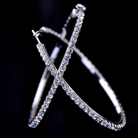 50 mm Big Round Silver Plated Crystal Hoop Earrings Basketball Wives CZ Fashion Earrings