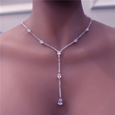 Sparkling Long Silver Full CZ Crystal Chain Necklace Bridal Wedding Statement Fashion Jewelry Necklace