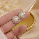 Gorgeous Gold Plated Big Round Pearl Crystal Stud Earrings Wedding Fashion Jewelry Party Earrings