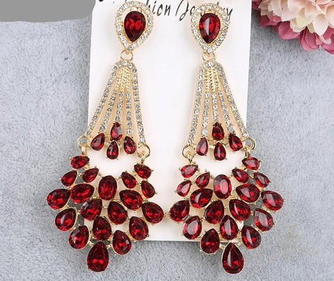 Exclusive Red Crystal Long Drop Chandelier Luxury Fashion Jewelry Bridal Earrings - EonShoppee