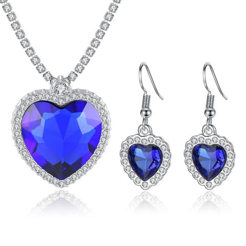 Fashion Sapphire Blue Crystal Love Titanic Heart Of The Sea Sweater Chain Pendant Necklace & Earrings Best Valentines Gift