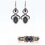 Traditional Antique Gold Finish Royal Blue Crystal Dangle Earrings Cuff Bangle Bracelet Indian Jewelry Set