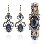 Traditional Antique Gold Finish Royal Blue Crystal Dangle Earrings Cuff Bangle Bracelet Indian Jewelry Set