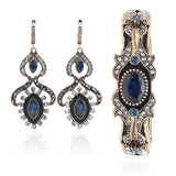 Traditional Antique Gold Finish Royal Blue Crystal Dangle Earrings Cuff Bangle Bracelet Indian Jewelry Set